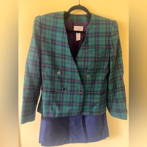 Vintage Bankers Club Womens Suit—Size 10 100% Wool Plaid Blazer and Navy Skirt